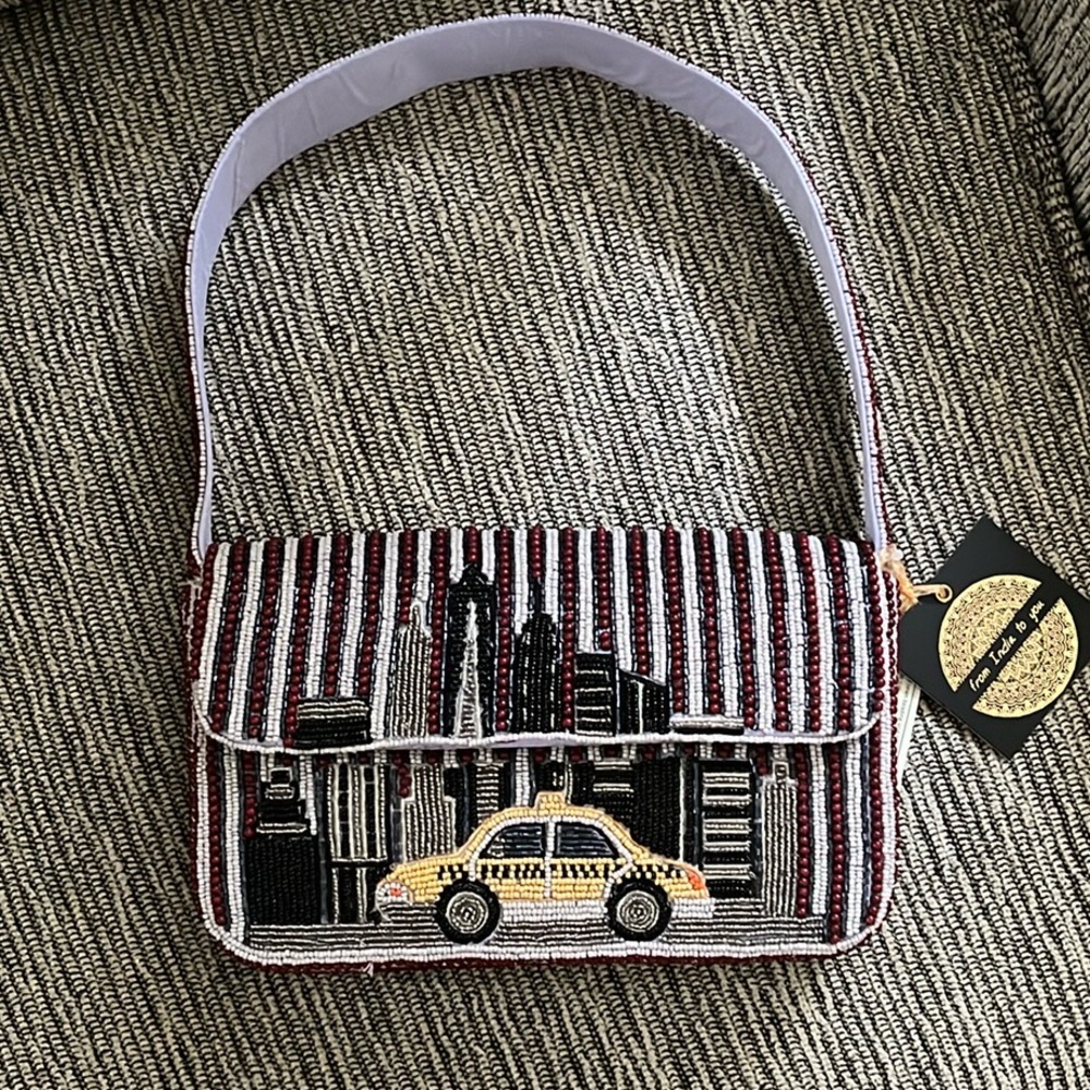 Beaded Yellow Taxi Cityscape Shoulder Bag